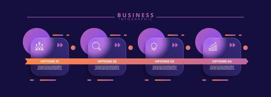 Infographic label design template featuring icons and four distinct steps. Ideal for process charts, presentation slides, workflow schemes. vector
