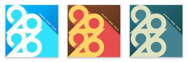 Modern geometric New Year 2026 design in three color variations. The bold and abstract number layout creates a clean and stylish holiday greeting, perfect for cards, banners, and festive decor. vector
