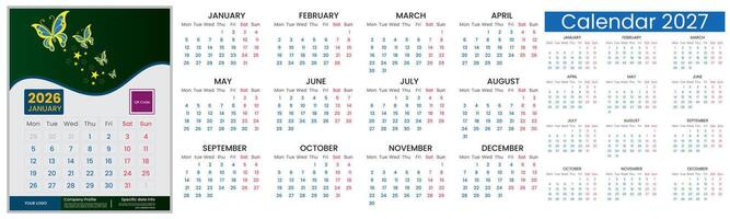 Calendar design 2026, 2027 year. Calendar set template design for 2026 and 2027 year. Monthly calendar layout for 2026 and 2027 year and week start on Monday vector