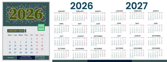 Realistic calendar design 2026, 2027 year. Calendar illustration template design for 2026 and 2027 year. Monthly calendar layout for 2026 and 2027 year and week start on Monday vector