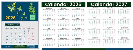 Trending calendar design 2026, 2027 year. Calendar set template design for 2026 and 2027 year. Monthly calendar layout for 2026 and 2027 year and week start on Monday. Calendar design vector