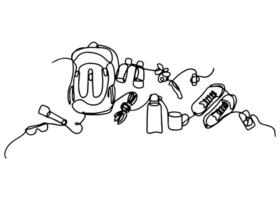 Illustration with a set of camping and travel items drawn by hand in one continuous line. vector