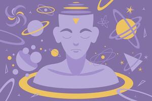 Person with closed eyes surrounded by space objects. Man dreams and thinks about the universe. vector