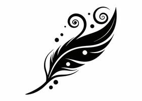 Elegant black and white ornamental feather with swirls dots and graceful lines in decorative style vector