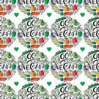 Seamless pattern with hand drawn vegetables and lettering go vegan . vector