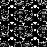 Seamless pattern with home is where the cat lettering, and hearts. vector