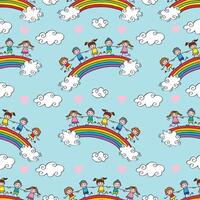 Seamless pattern with happy children and rainbow. Blue background. vector