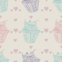 Seamless pattern with cupcakes and hearts. vector