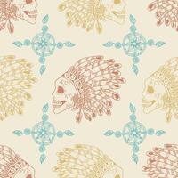 Seamless pattern with hand drawn indian skull and feathers. vector