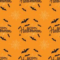 Halloween seamless pattern with bats and cobwebs on orange background vector
