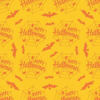 Halloween seamless pattern with bats and spiders on yellow background. vector
