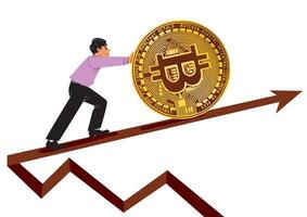 A person pushing a Bitcoin coin upward on a financial graph illustrating growth and investment in digital currency. vector