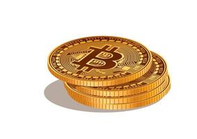 Stacked Bitcoin coins isolated on white background representing digital currency and decentralized finance concept with intricate design. vector
