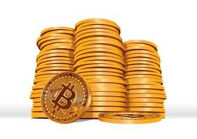 A large stack of Bitcoin coins with a prominent coin in the foreground emphasizing the value and significance of cryptocurrency in modern finance. vector
