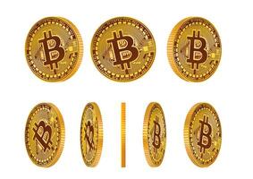 Various angles of Bitcoin coins showcasing digital currency design and intricacies in a 3D style for financial representation. vector