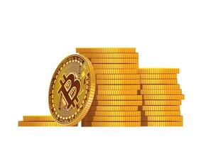 A collection of stacked Bitcoin coins with one prominent coin in the foreground, symbolizing wealth and investment in cryptocurrency. vector