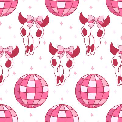 Pink Disco Ball and Cow Skull Pattern seamless