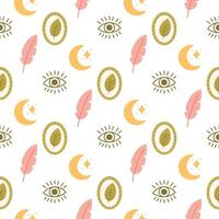 Bohemian Seamless Pattern with Feathers, Moons, Eyes vector