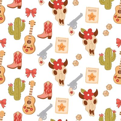 Playful Western Pattern with Cacti, Skulls, Boots, and Guitars