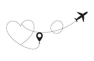 Journey of love illustration with airplane drawing heart-shaped flight path and map pins vector