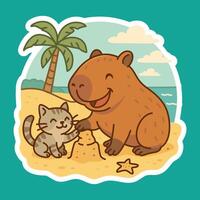Capybara and Cat Building Sandcastle on the Beach vector