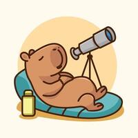 Capybara relaxing with a telescope watching the stars vector