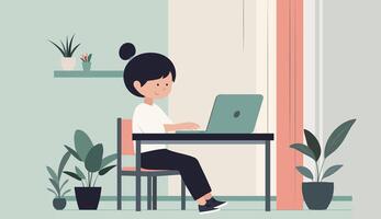 Flat illustration of a child sitting at a desk with a laptop, learning remotely from home. Simple room background vector