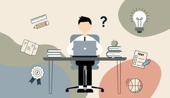Flat illustration of a student sitting at a desk with a laptop and books. Simple educational symbols. Soft colors. vector