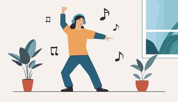 A minimalist flat illustration of a boy dancing alone with headphones. Fun pose, music notes. Light and joyful. vector