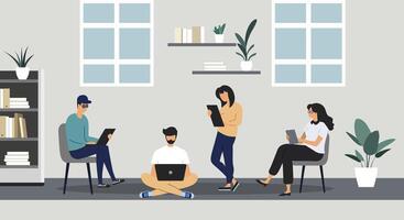 Flat illustration of a relaxed office scene. People working on laptops. Simple office environment. Professional mood. vector