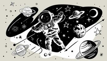 Minimalist flat illustration of outer space with an astronaut in doodle style. Monochrome Simple linework with space elements. vector