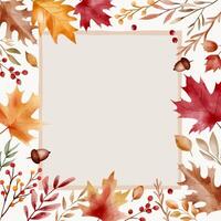 Square watercolor autumn frame with leaves. Hand painted fall foliage border with blank space for text vector
