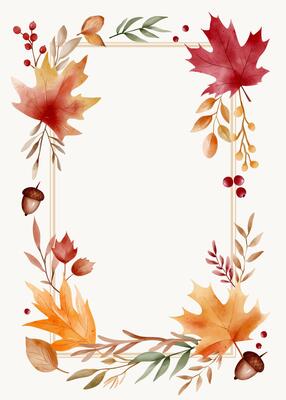Fall watercolor frame with leaves. Autumnal hand painted border with copy space for greeting cards or posters