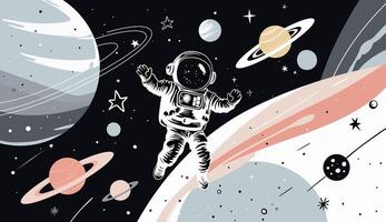 Monochrome simple linework with space elements. Minimalist flat illustration of outer space with an astronaut in doodle style. vector