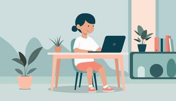 Flat illustration of a child sitting at a desk with a laptop, learning remotely from home. Simple room vector