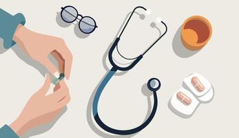 Flat illustration with doctor's hands, pills, stethoscope. Importance of prevention and check-up of the body. vector