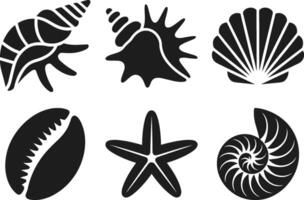 Seashell and Starfish Silhouettes Set for Summer Themes - Beach and Ocean Icon Collection vector