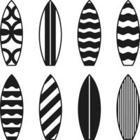 Set of Surfboard Silhouette Vectors with Geometric and Wave Patterns - Summer Beach Icon Collection