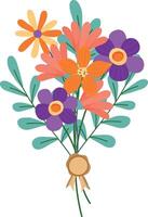 A colorful, stylized bouquet illustration featuring a mix of orange, purple, and yellow flowers with green leaves, all tied together with a ribbon seal. vector