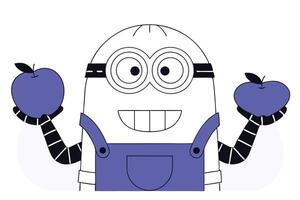Cute minion character holding a fresh apple with a basket full of ripe apples in hand vector