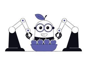 Happy minion character carrying an apple and a basket brimming with fresh apples vector