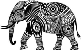 Ornate elephant illustration with tribal geometric patterns in black and white vector