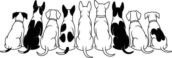 Illustration of dog group sitting together from back view silhouette vector