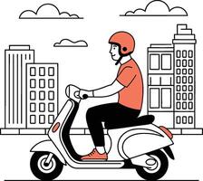 Minimalist illustration of man riding scooter in city with buildings vector