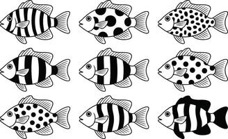 Black and white fish pattern with stripes and dots monochrome illustration vector