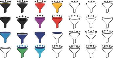 Collection of colorful filter funnel icons with star ratings for data analysis vector