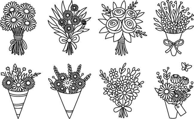 Collection of flower bouquets black and white line art illustrations set