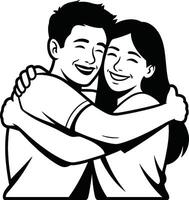 Happy couple embracing black and white outline illustration romantic relationship vector