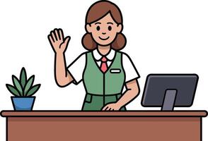 Smiling receptionist waving hello behind a desk with computer and plant vector