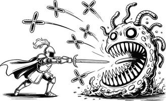 Brave knight fighting a monster with a sword and cross shaped projectiles vector
